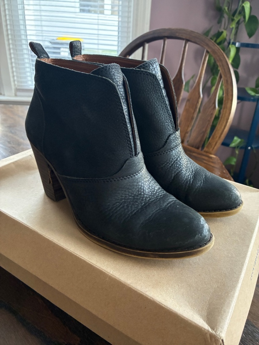 Lucky Brand Black Leather Ankle Booties with Stacked Heel